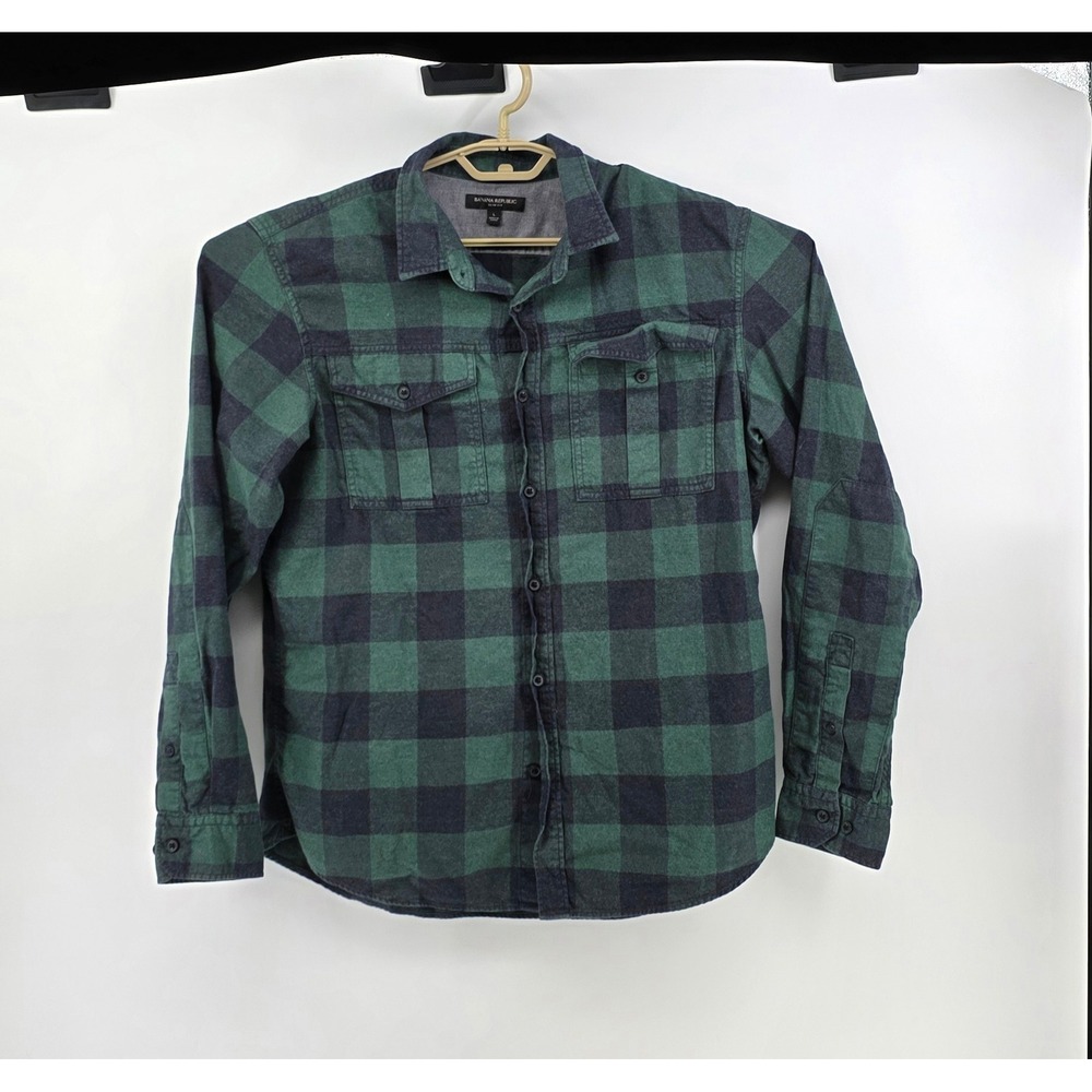 Banana Republic Mens Size L Slim Fit Green Buffalo Plaid Flannel Cotton Shirt